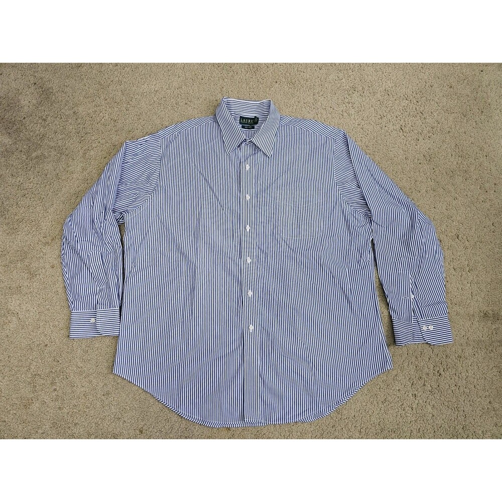 Ralph Lauren Dress Shirt Men 17.5 34/35 Blue‎ White Stripes Cotton Button Up